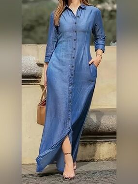Blue Button-Front Maxi Shirt Dress